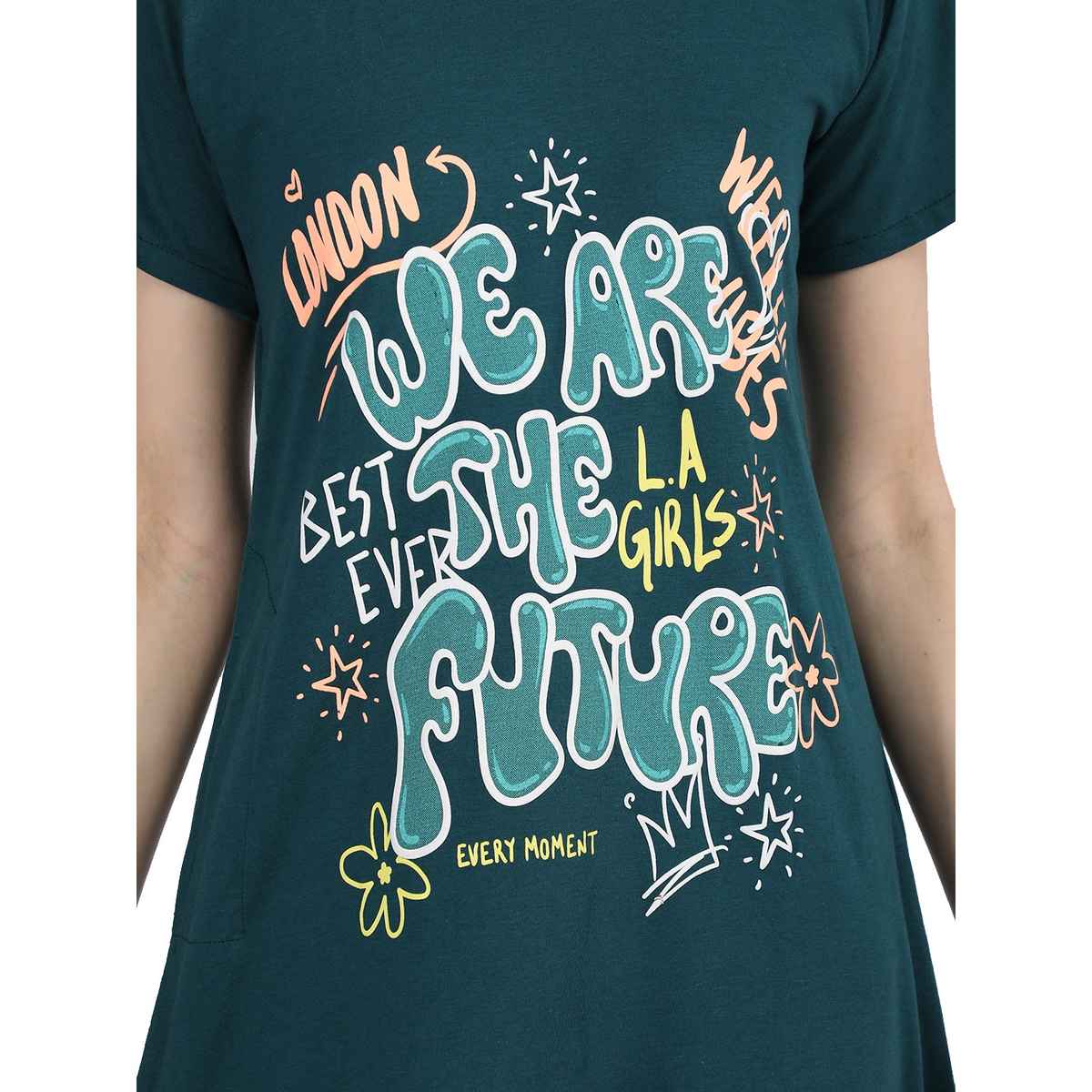 Duchess Women's Cotton Blend Printed Knee Length Nighty | Green - M