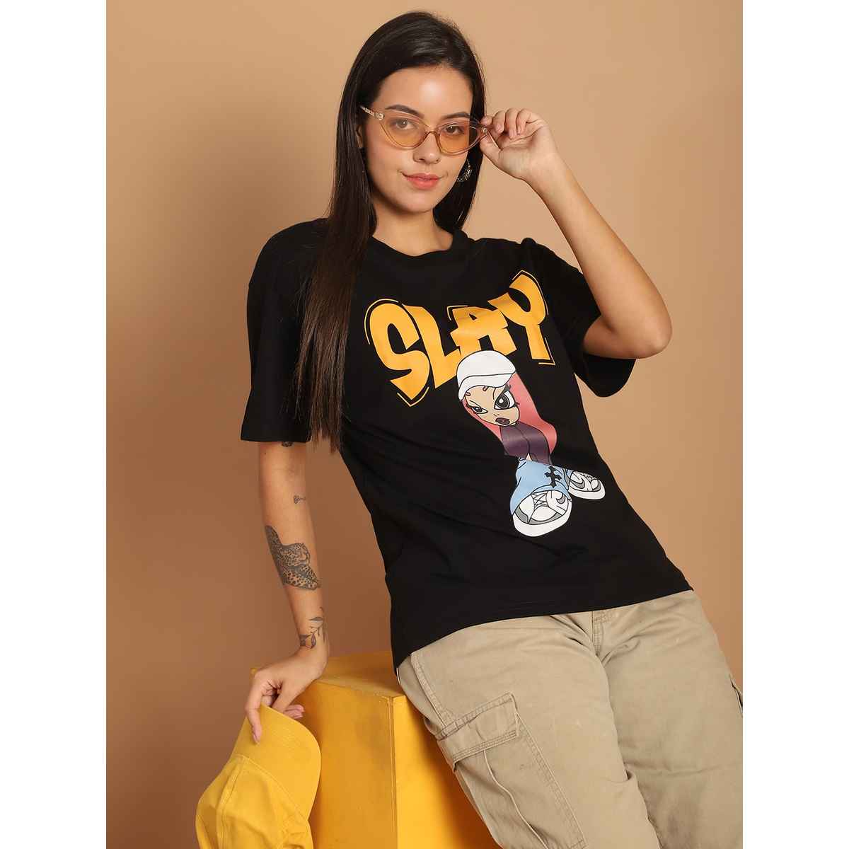 Fabflee Women Oversize Cotton Printed Round Neck Tshirt | Black | FAB-OS-501 | M