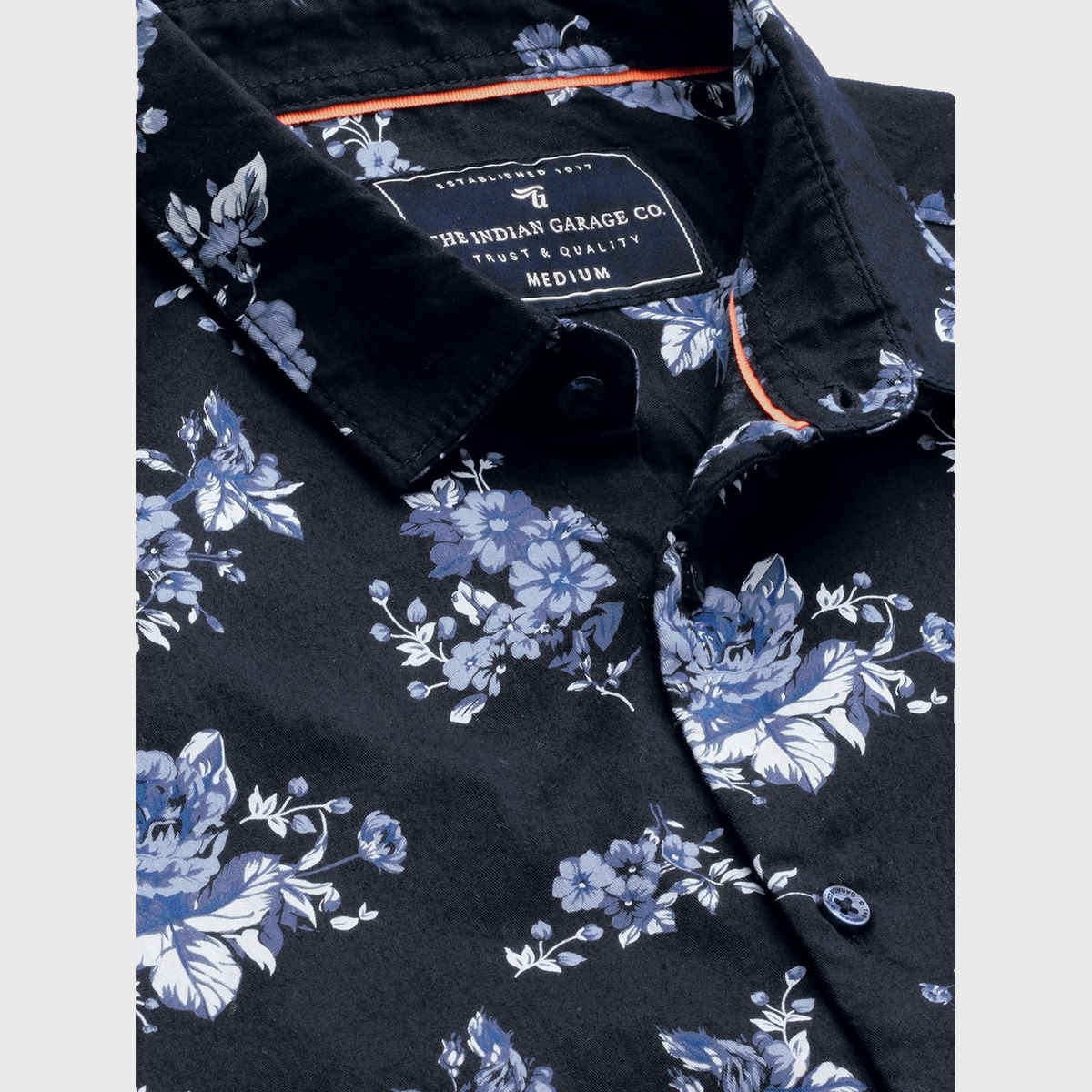 The Indian Garage Co Men's Slim Fit Floral Print Casual Shirt | Navy Blue - M