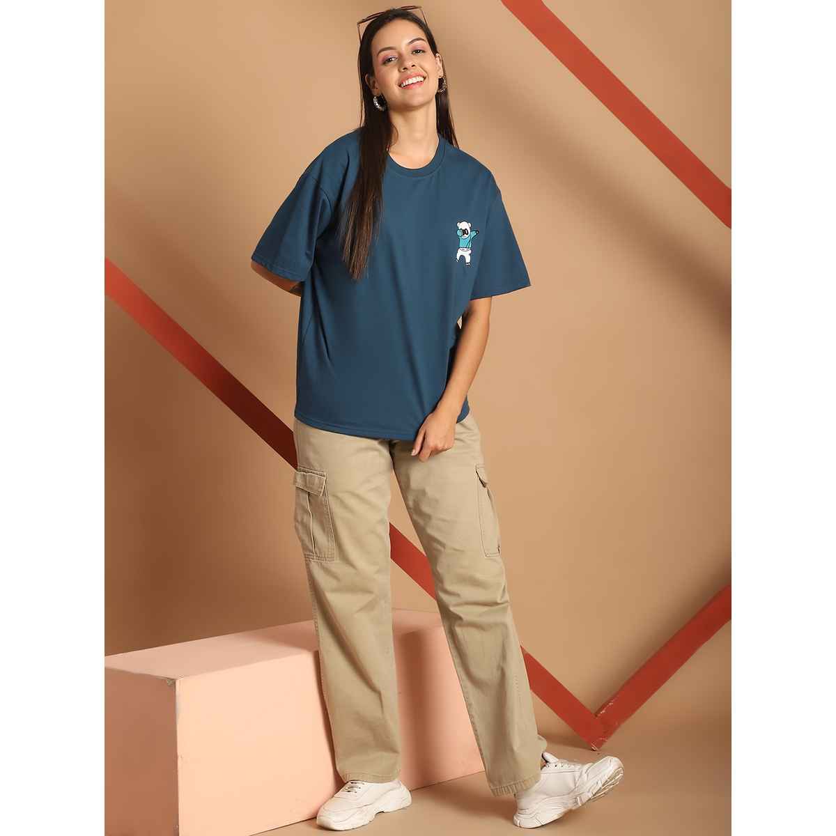 Fabflee Women Oversize Cotton Printed Round Neck Tshirt | Blue | FAB-OS-503 | L