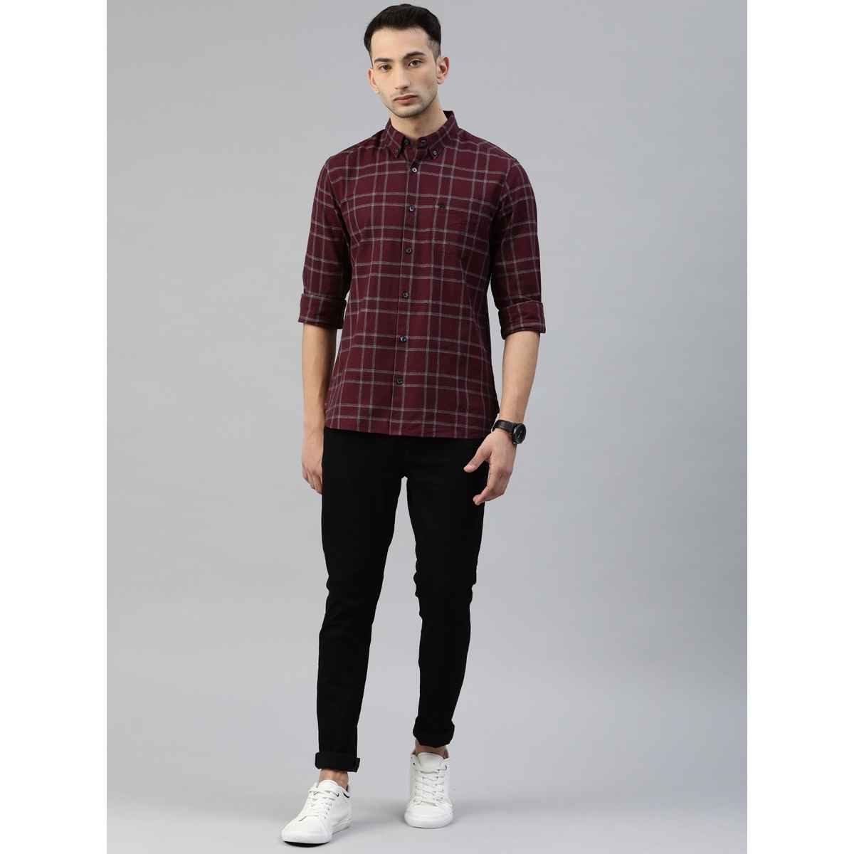 The Bear House Men Slim Fit Checked Button-Down Casual Shirt - Andreas | Maroon | L