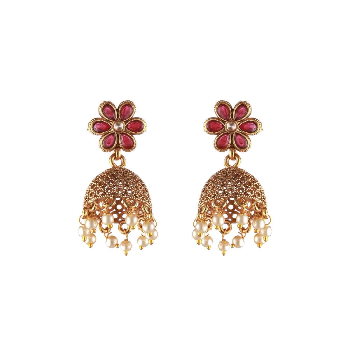 Aatmana Gold Plated & Red Stone Studded| Pearl Beaded Dome Shaped Jhumka Earrings