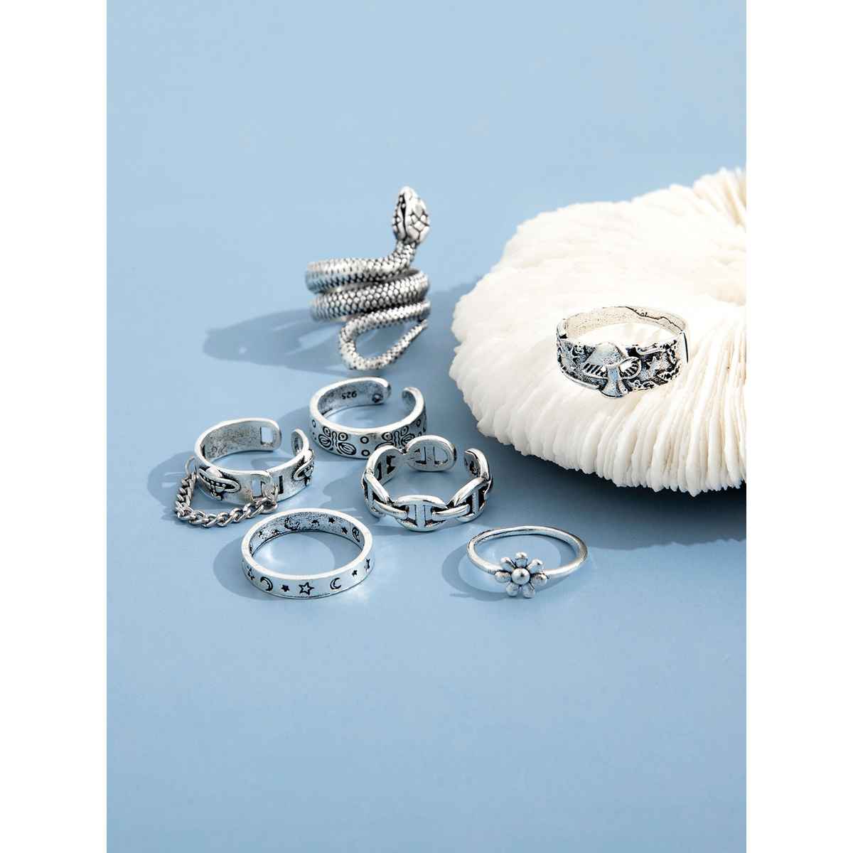 Shining Diva Fashion Set of 7 Stylish Metal Boho Midi Finger Rings for Women and Girls | 14233r