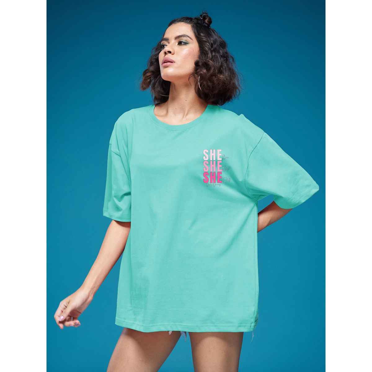 Smartees Women's Oversize Printed T-shirt | WW - 2045 | Sea Green - L