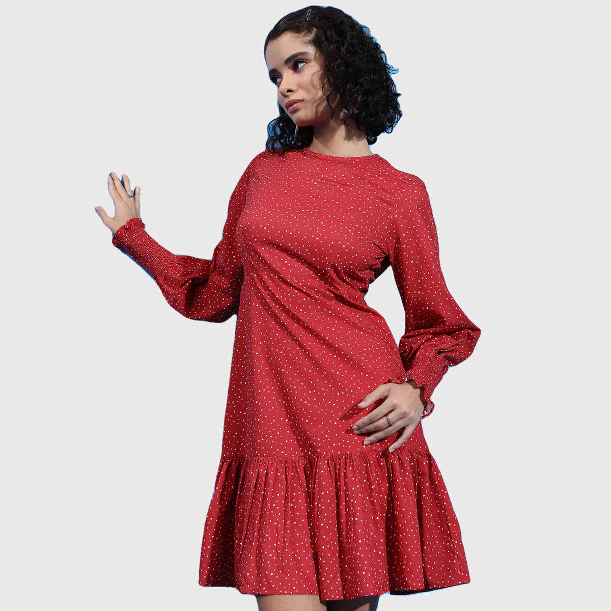 Ketch Women's Printed Smocked Bishop Sleeve Drop Dress | Red - M