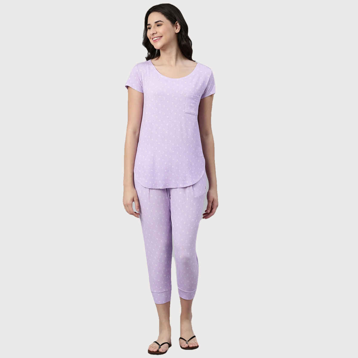 Enamor Essentials EC16 Women s Aop-Soft & Drapey All Over Printed Lounge Capri Set | Lavendar | S