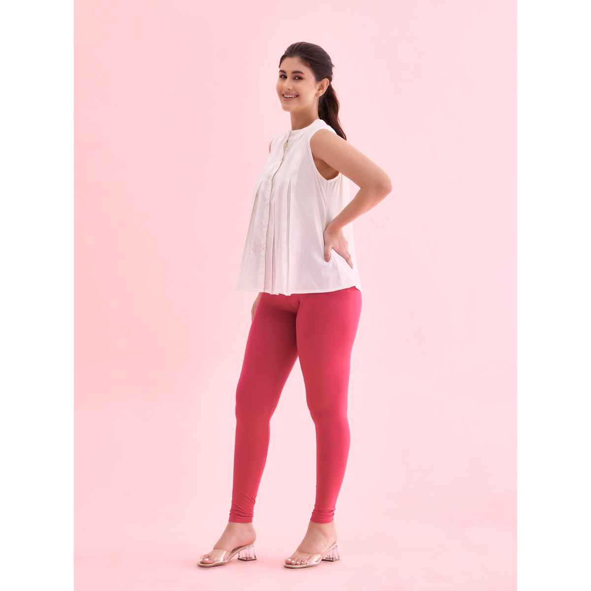 Go Colors Women's Solid Mid Rise Ankle Length Leggings | Fuchsia - M