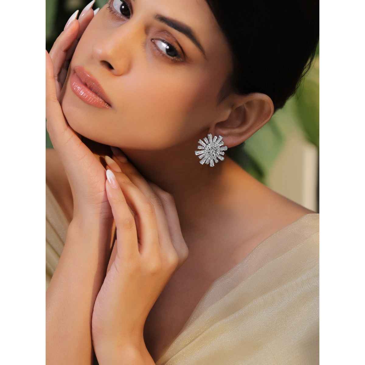 Rubans Rhodium-Plated Cubic Zirconia Stone Studded Floral Shaped Studs