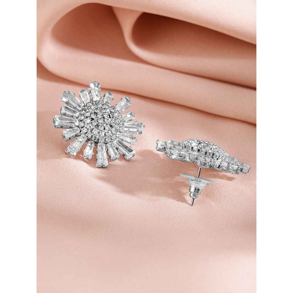 Rubans Rhodium-Plated Cubic Zirconia Stone Studded Floral Shaped Studs