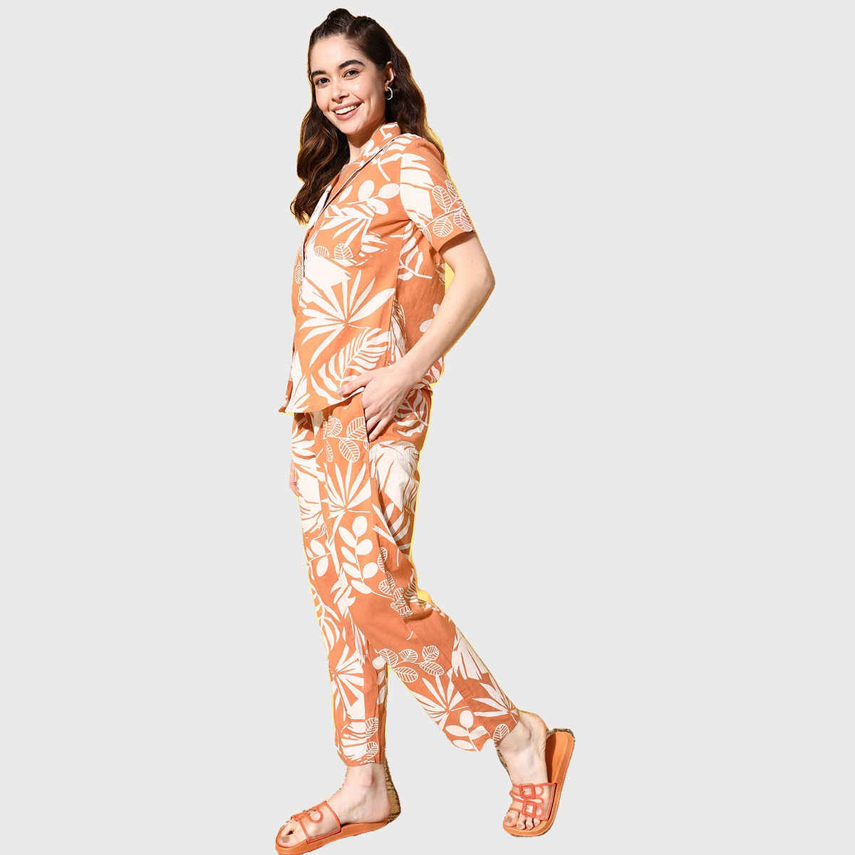 Sanskrutihomes Women Orange & White Pure Cotton Floral Printed Night Suit SE-NSP-92 | M
