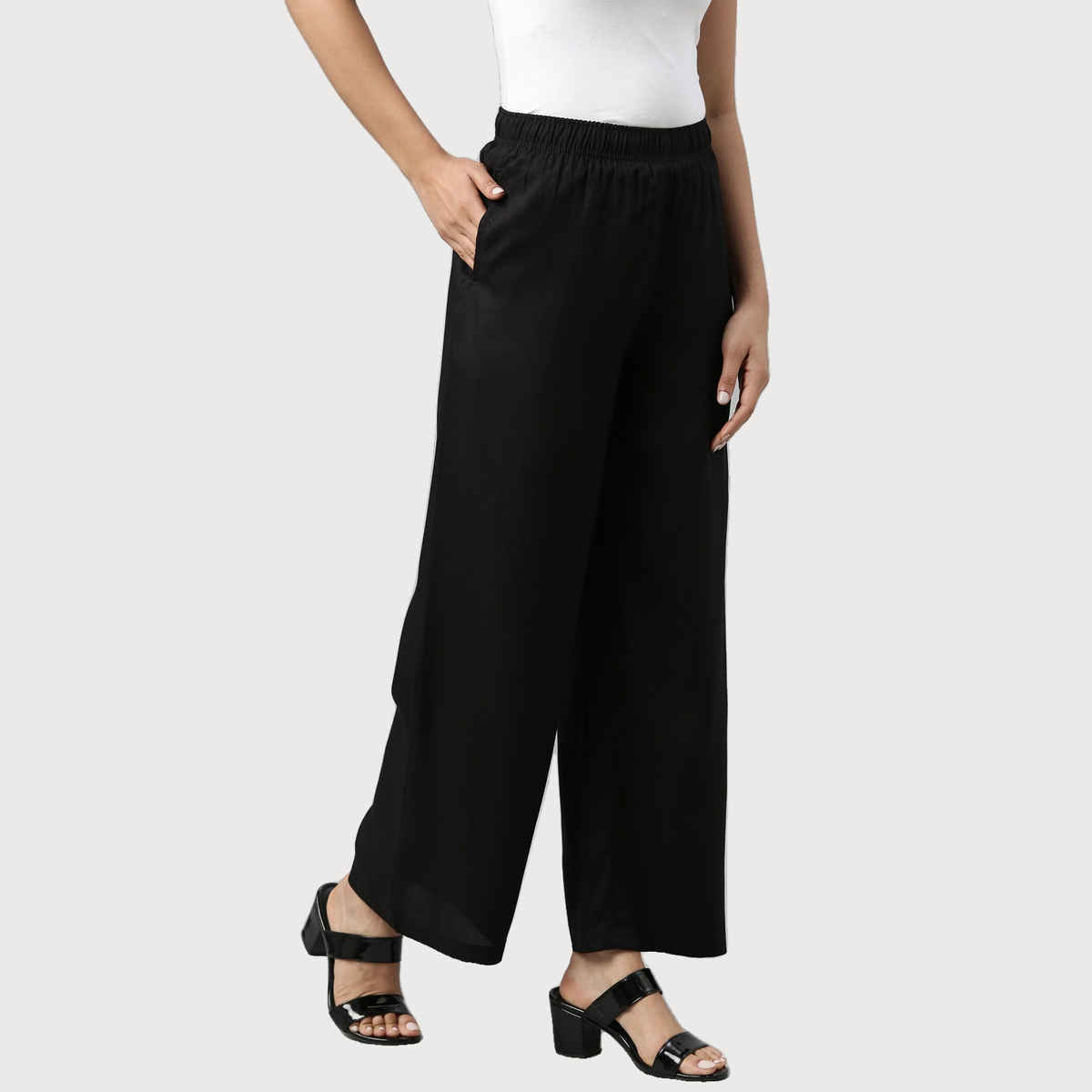 Go Colors Women's Solid Woven Viscose Mid Rise Basic Palazzos | LPZ7 | Black - L