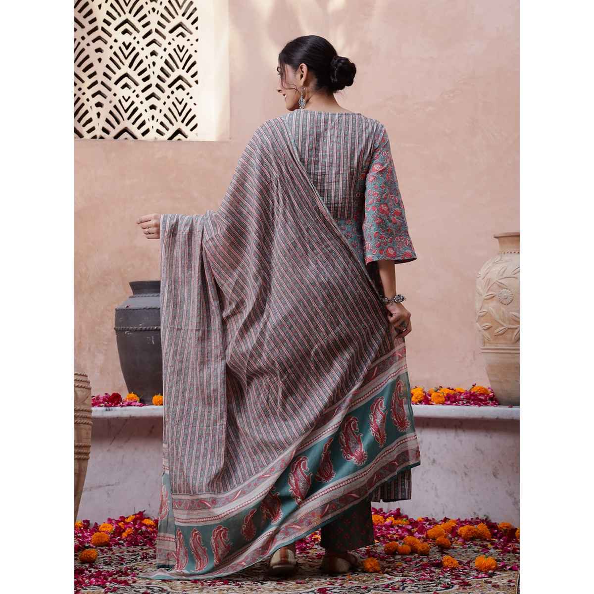 Rangdeep Ethnic Motifs Printed Empire Cotton Anarkali Kurta with Trousers & Dupatta | Women | L