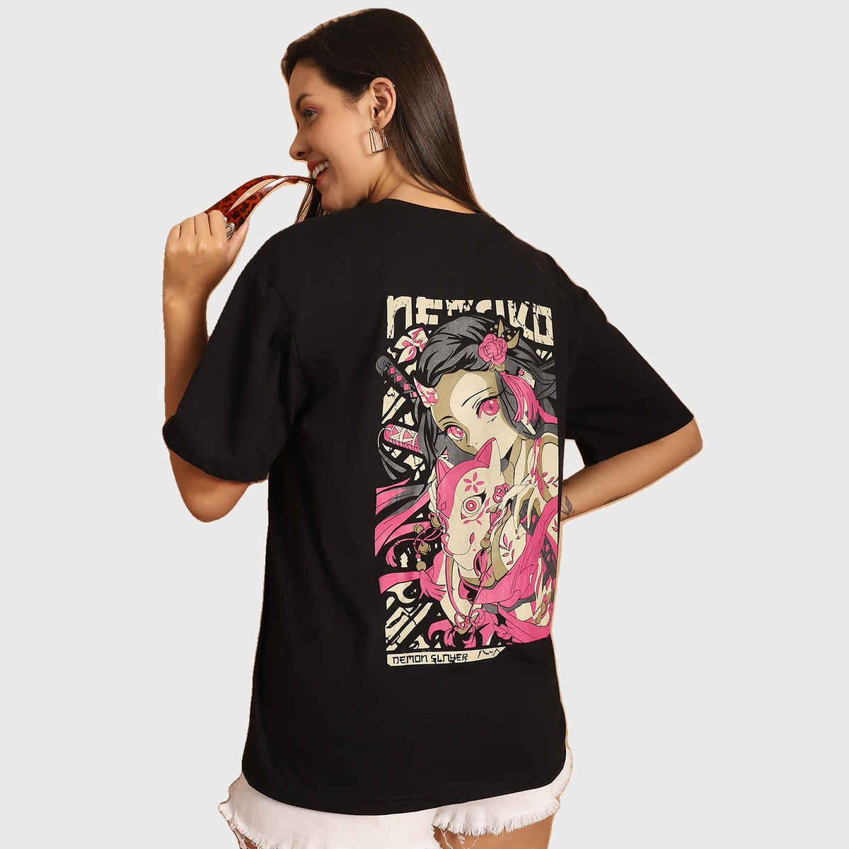 Fabflee Women Oversize Cotton Printed Round Neck Tshirt | Black | FAB-OS-512 | XL