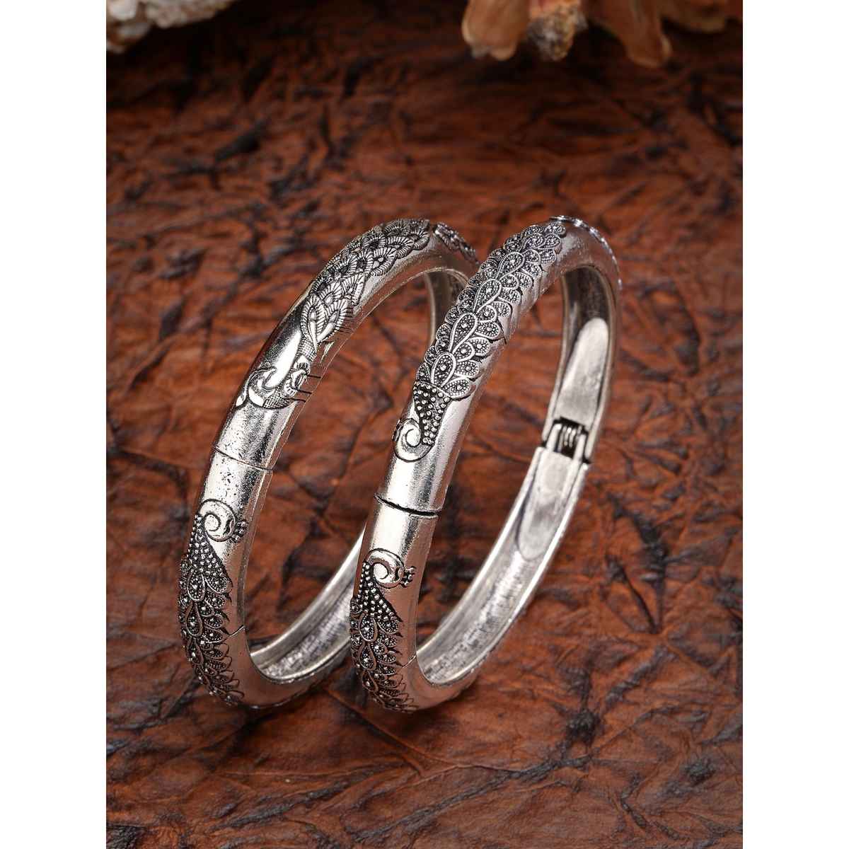 NVR Women's Set of 2 Silver-toned German Silver Peacock Design Oxidised Kada Bangle | NVR2478