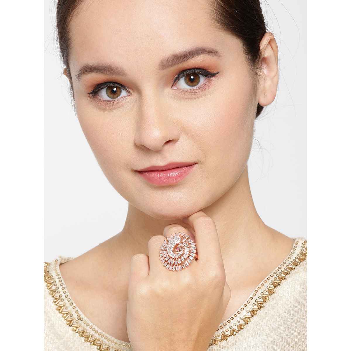 Priyaasi Bird Feathers-Rose Gold-Plated Peacock Adjustable Ring Studded With American Diamond