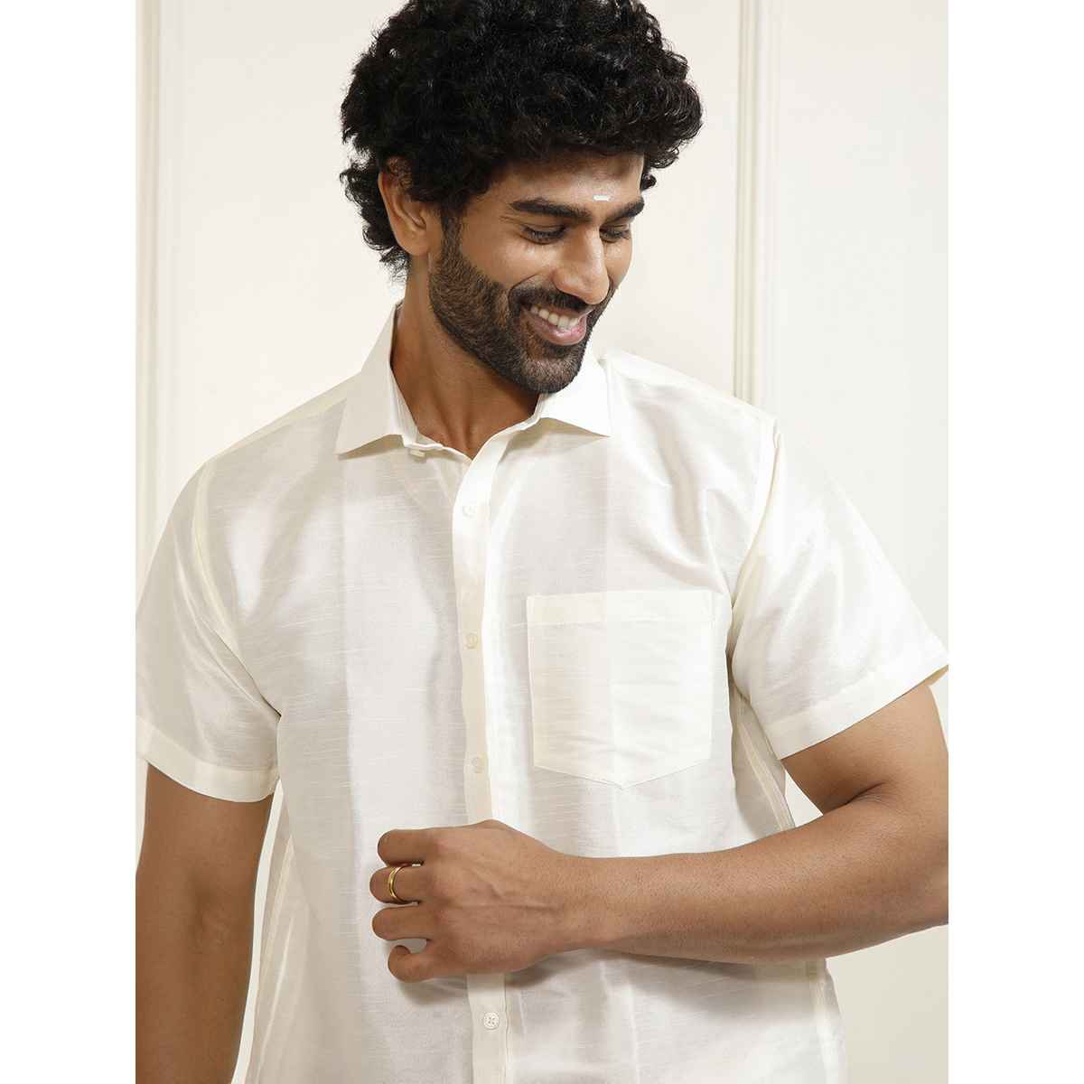 Vastramay Mens Silk Blend Casual Shirt | Cream Short Sleeve Elegant Fit with Patch Pocket - M