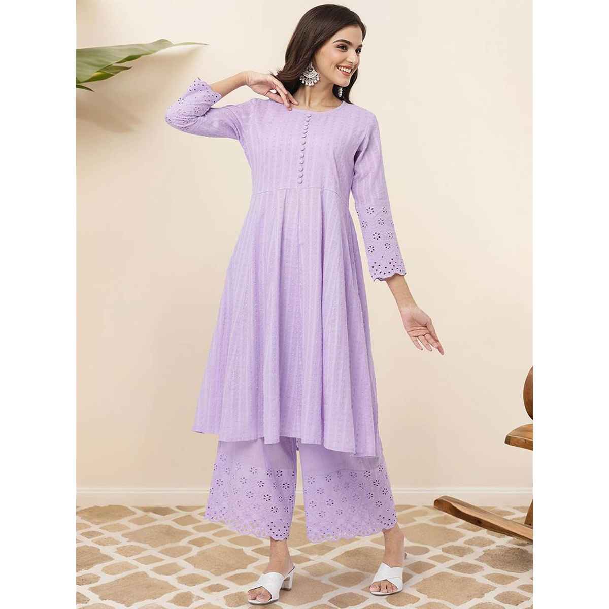Ishin Women Cotton Kurta Set | INWKTAW24351 | Lilac - S