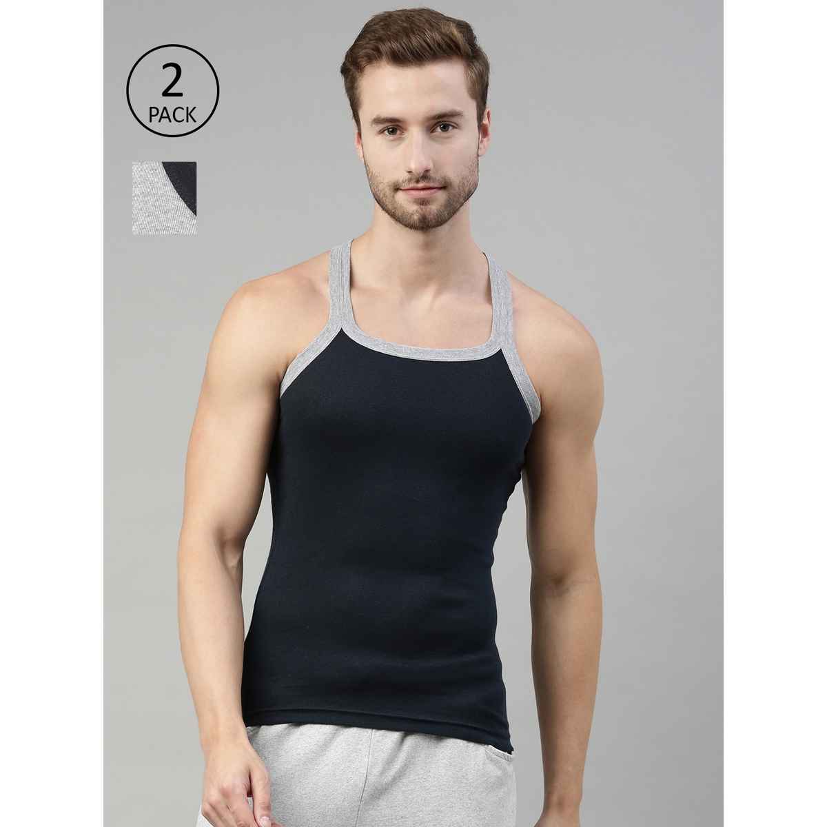 Dixcy Scott Men's 100% Combed Cotton Rib Solid Squared Neck Sleeveless Gym Vest | Grey & Navy - M