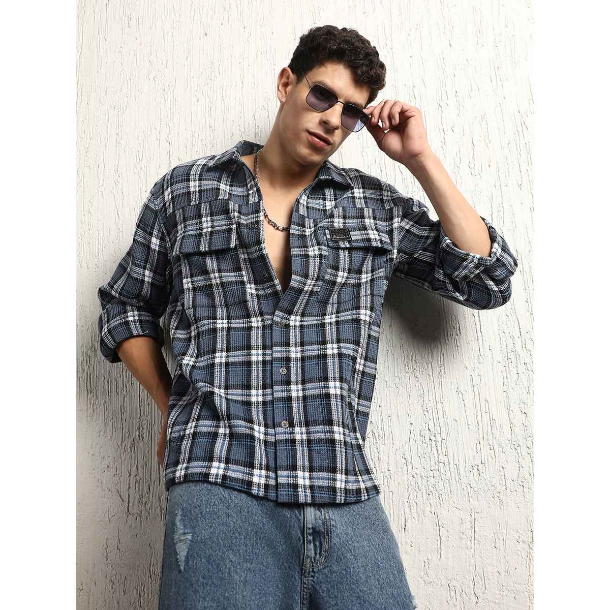 Hubberholme Men's Checked Double Pocket Cotton Oversized Casual Shirt | Multicolor - 38