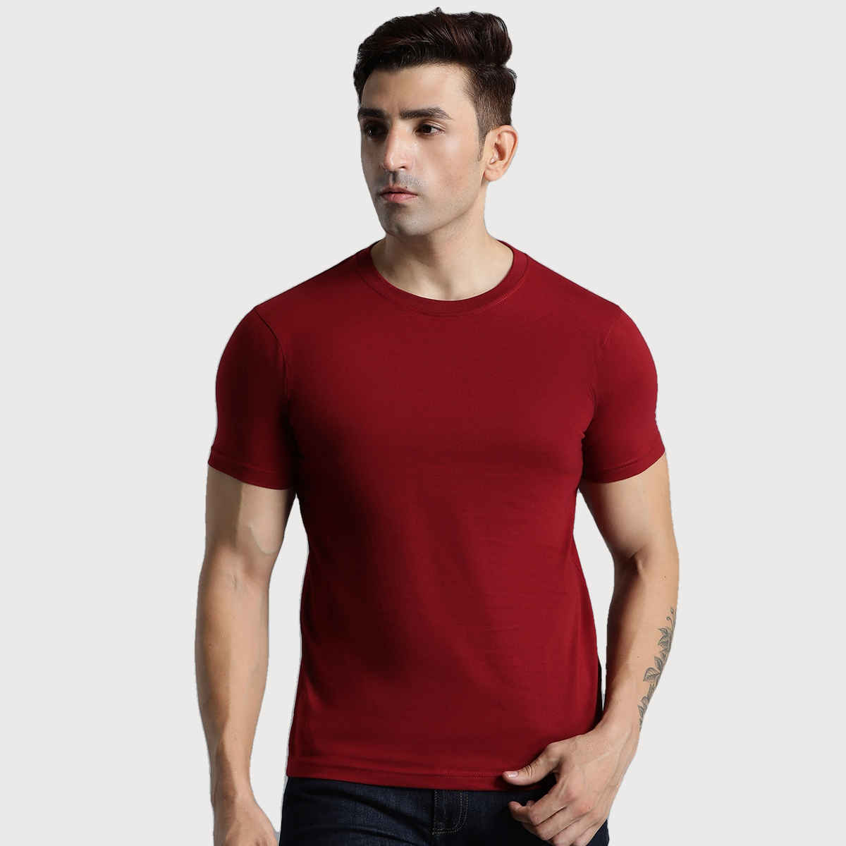 hummel Men's Cam Round Neck Solid Regular Fit Cotton Poly T-shirt | Maroon - L