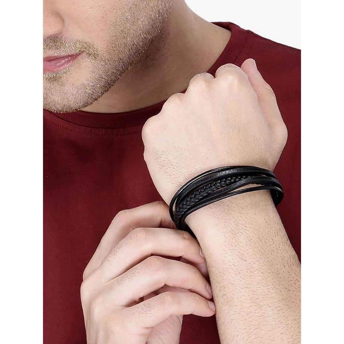 YouBella Bracelets for Men and Boys Black Leather Bracelet (YBBN - 92148)