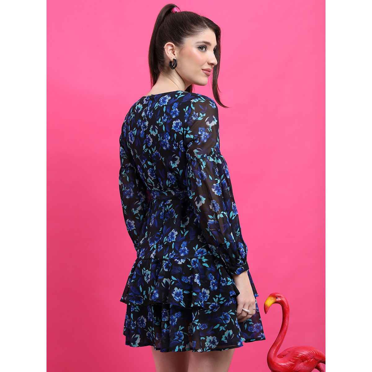 Ketch Women Blue & Black Floral Printed V-Neck Puff Sleeves Layered Fit & Flare Dress | Blue | M