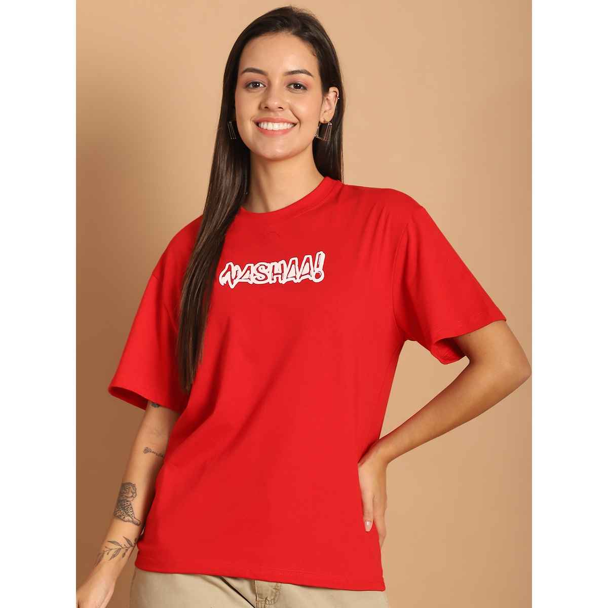 Fabflee Women Oversize Cotton Printed Round Neck Tshirt | Red | FAB-OS-505 | M