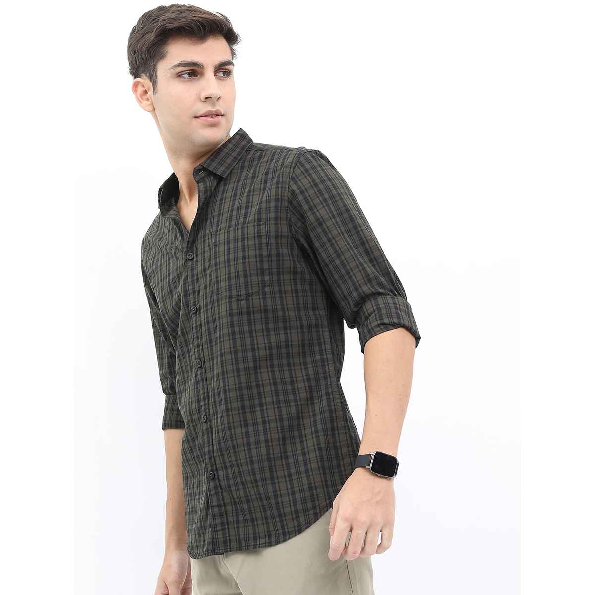 Highlander Men's Slim Fit Checked Casual Shirt - Olive and Black | L