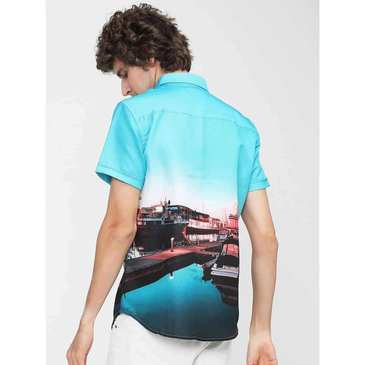 Highlander Men's Printed Slim Fit Casual Shirt - Light Blue and Navy Blue | L