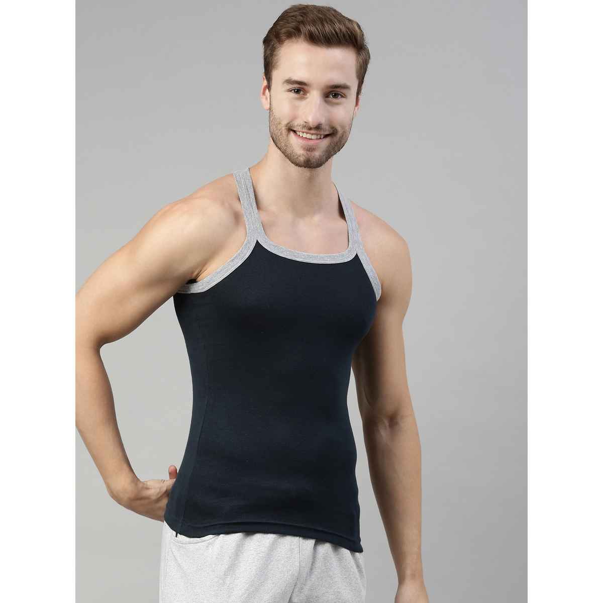 Dixcy Scott Men's 100% Combed Cotton Rib Solid Squared Neck Sleeveless Gym Vest | Grey & Navy - M