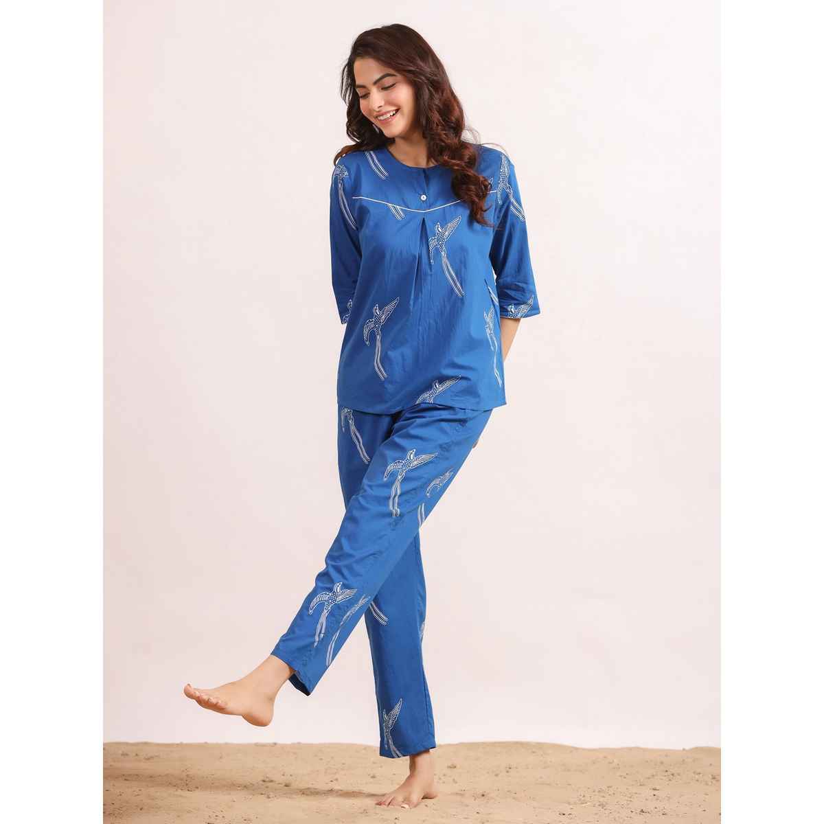 Sanskrutihomes Women Round Neck Printed Pure Cotton Blue Night Suit SE-NSP-501 | M