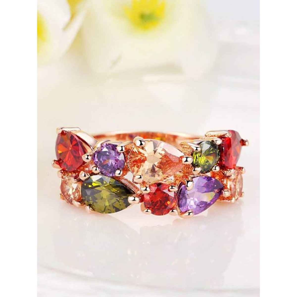 YouBella Rose Gold Plated Solitaire AAA Multicolor Crystal Ring for Women & Girls (YBRG - 20033)