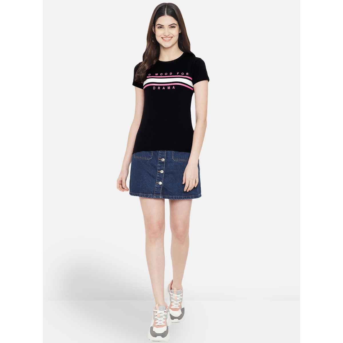 Fabflee Women Regular Cotton Printed Round Neck Tshirt | Black | FAB-WT-08 | XL