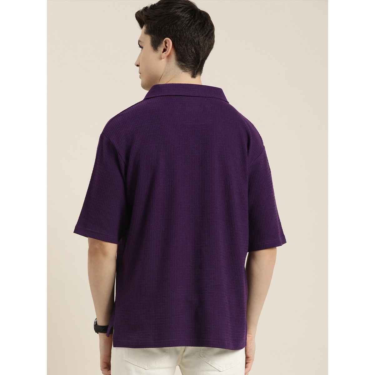 Dillinger Men's Waffle Structure Self Design Oversized Polo Collar T-shirt | Purple - M