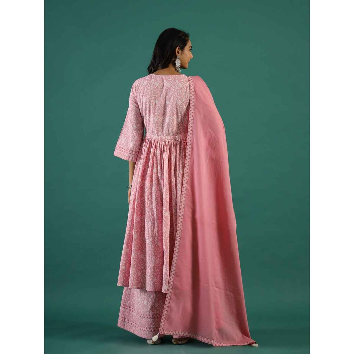 Rangdeep Floral Printed Regular Pure Cotton Anarkali Kurta | Sharara & Dupatta | Women | Pink | L