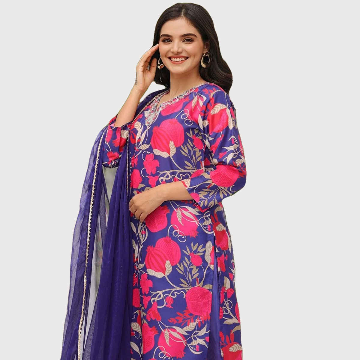 Ishin Women Kurta Set with Dupatta | INWSDS24073 | Navy - M
