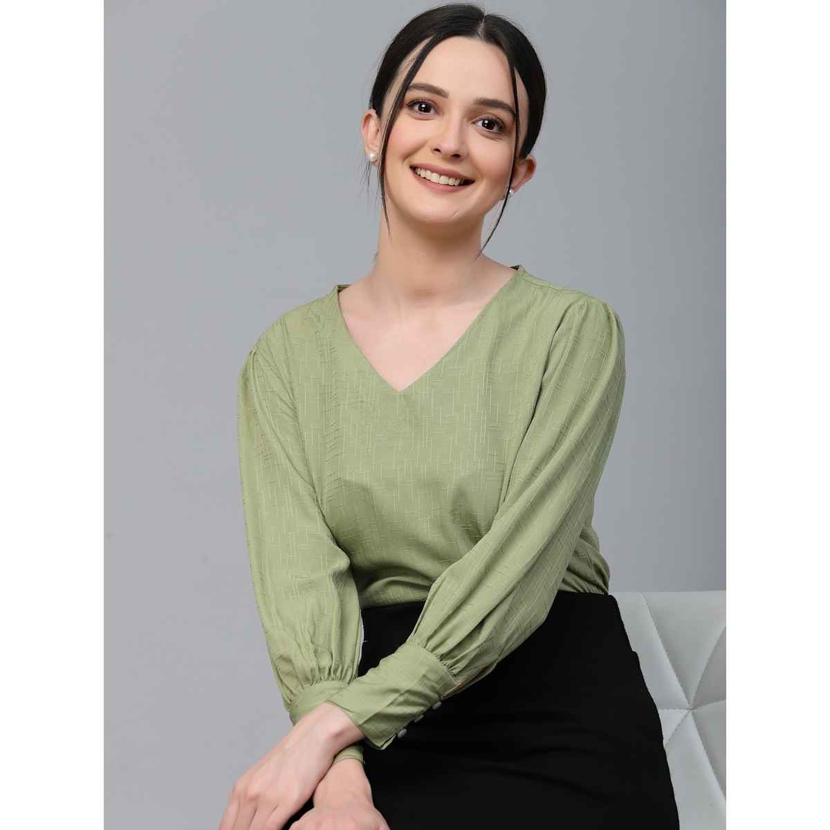 Style Quotient Women Sage Green Solid Polyester Regular Casual Top | M | SS23SQANDORA - Sage Green
