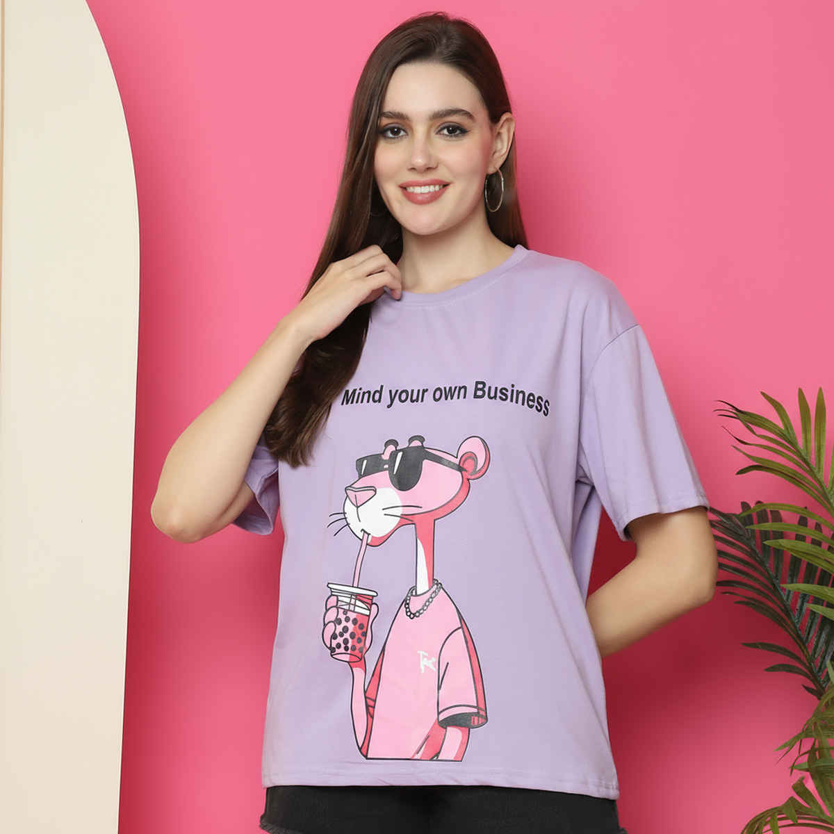 Fabflee Women Oversize Cotton Printed Round Neck Tshirt | Purple | FAB-OS-517 | M