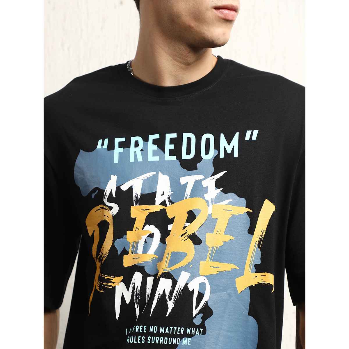 Hubberholme Men's Typography Printed Round Neck Oversized T-shirt | Black - S