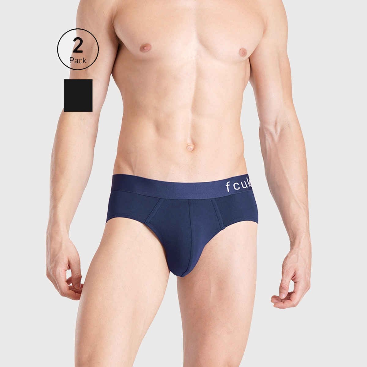 Fcuk Glo Park Royal | Men s Solid Briefs Pack of 2 | Jet Black | Dark Sapphire | XL
