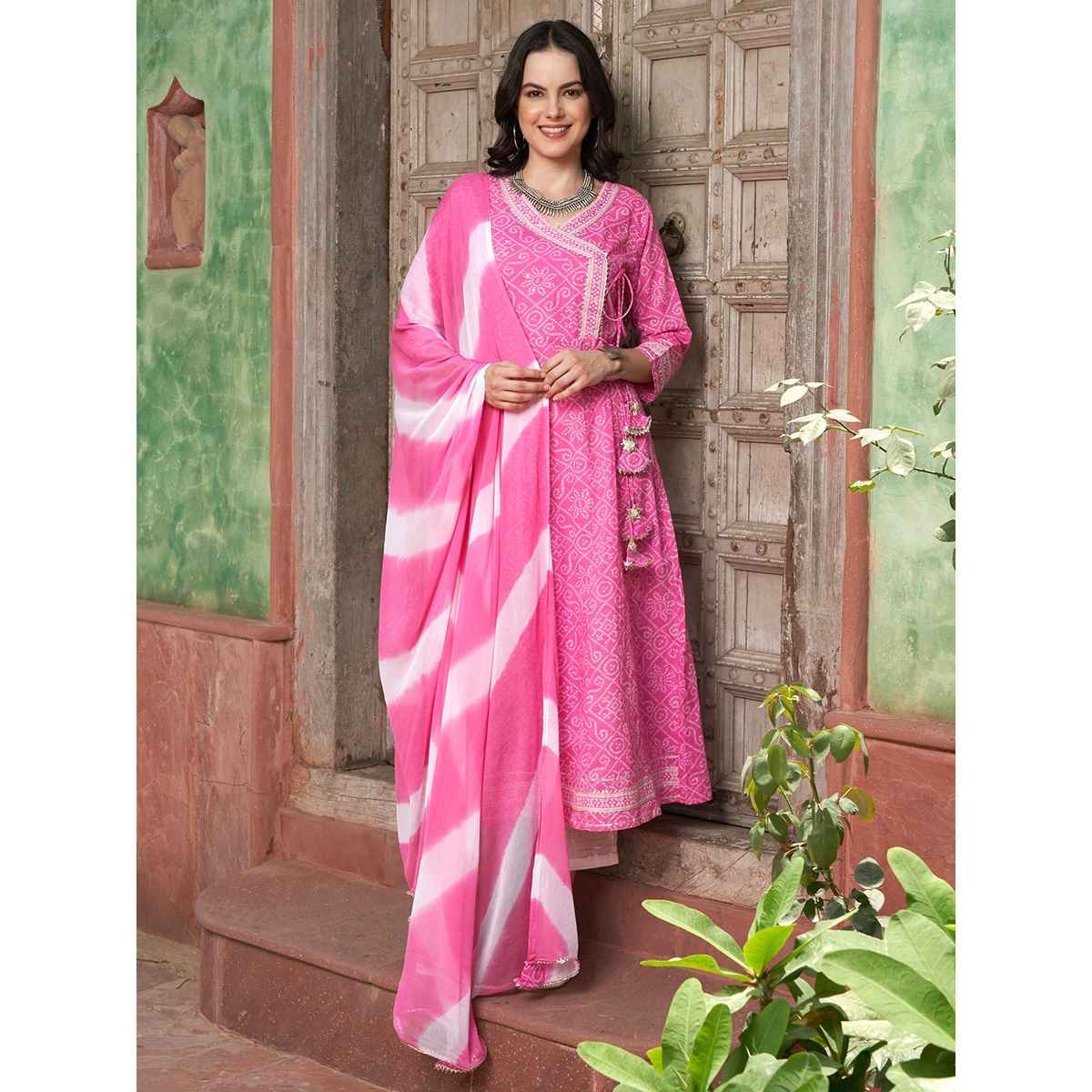 Bandia Women's Bandhej Angrakha Kurta Trouser Set with Dupatta | BANKS0004 | Pink | S