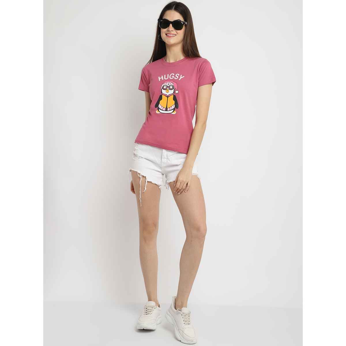 Fabflee Women Regular Cotton Printed Round Neck Tshirt | Pink | FAB-WT-35 | L