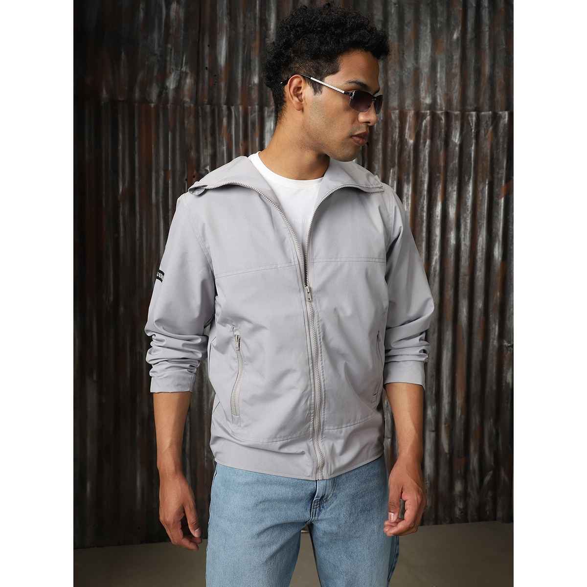 High Star Men's Windcheater Light Winters Hooded Bomber With Badge Detail Jacket | Gray - S