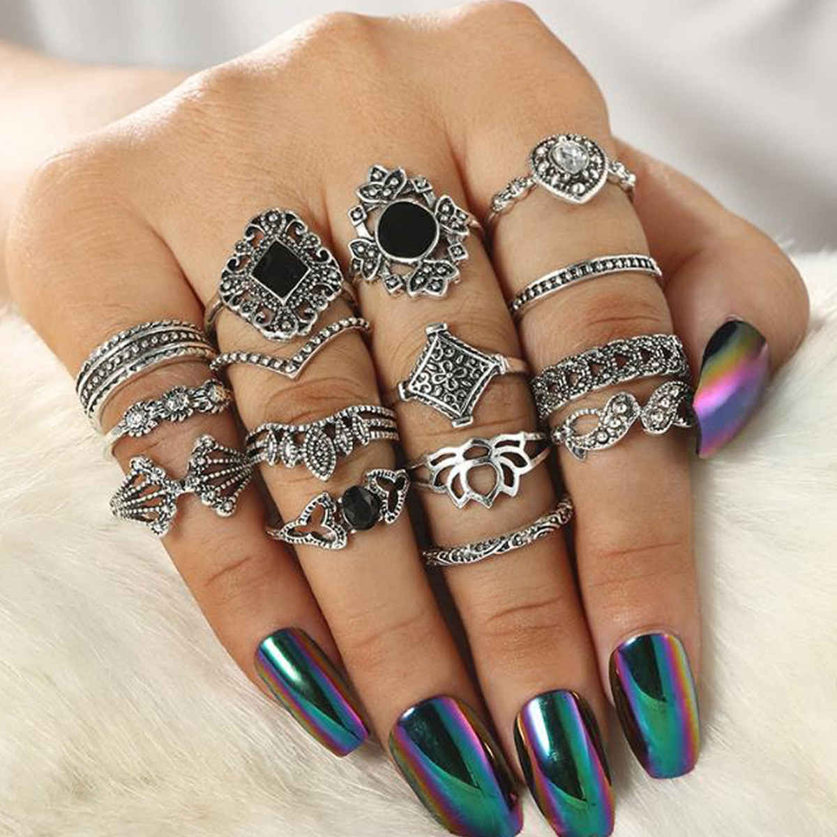 Jewels Galaxy Oxidised Silver Plated 15 Pcs Stackable Ring Set