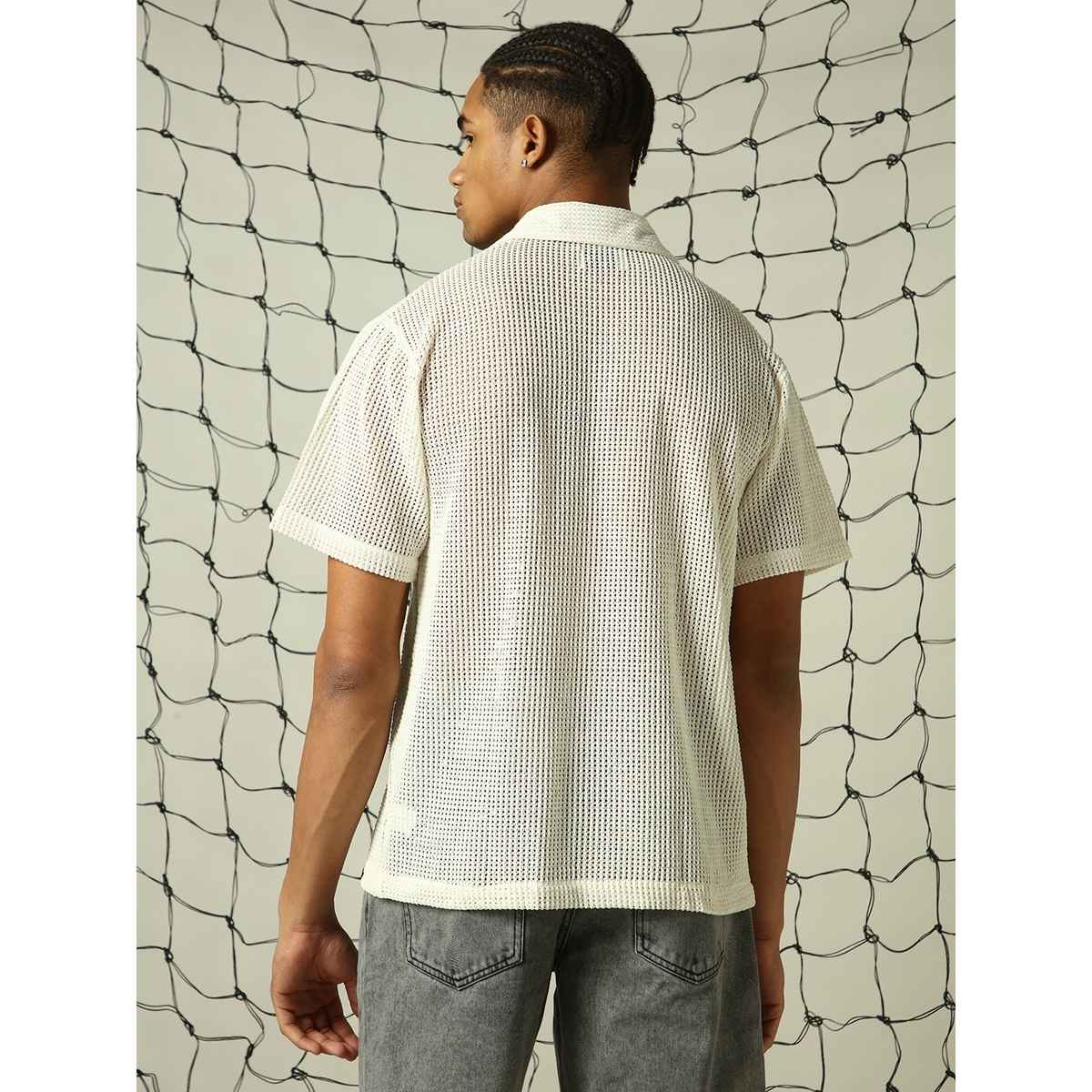 Hubberholme Men's Opaque Solid Cuban Collar Textured Fabric Oversized Casual Shirt | White - 40