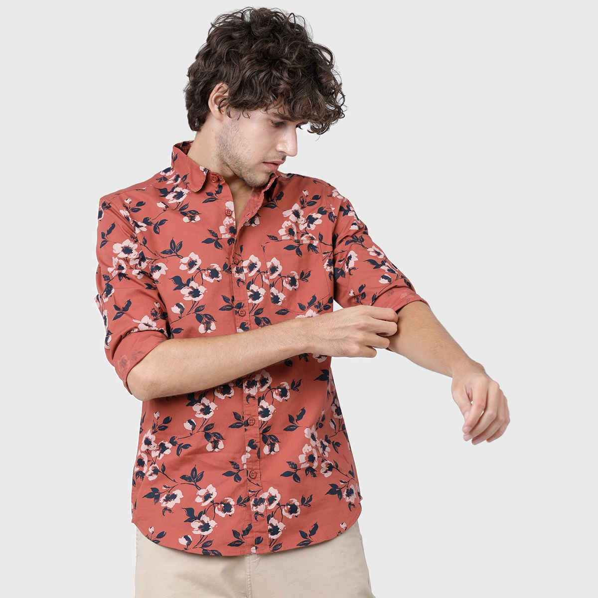 Highlander Men's Slim Fit Floral Printed Casual Shirt - Rust and Black | S