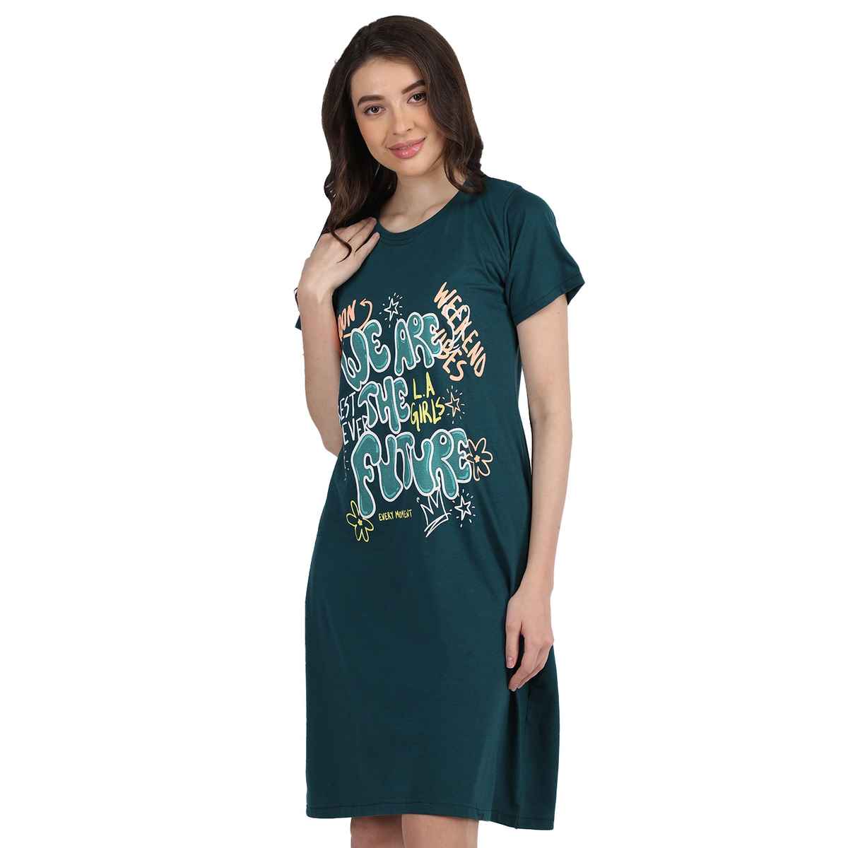 Duchess Women's Cotton Blend Printed Knee Length Nighty | Green - M