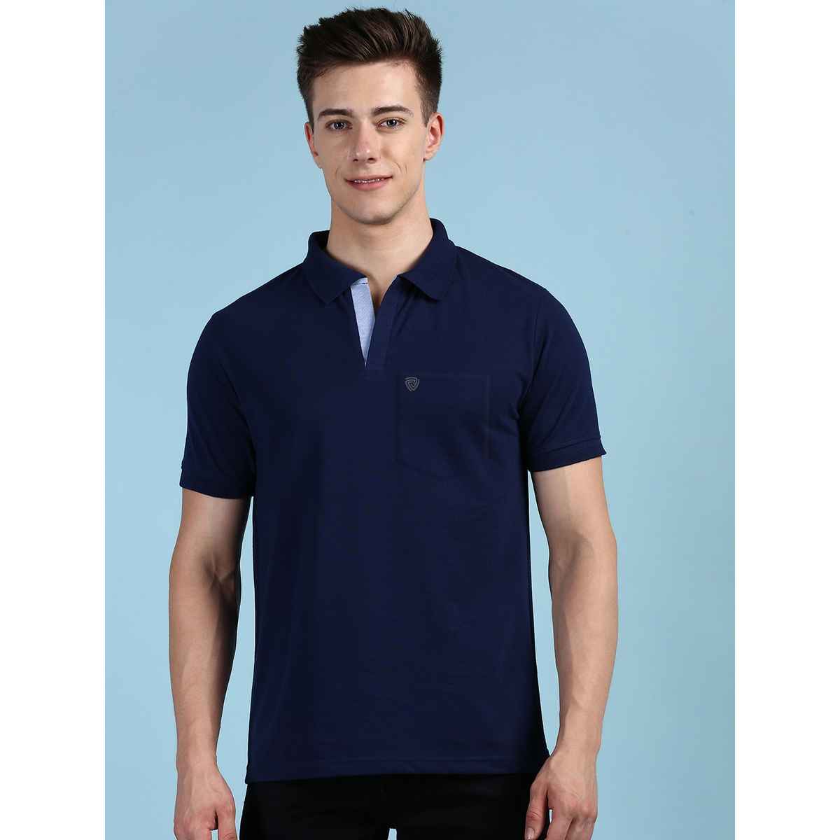 Lux Cozi Men's Solid Cotton Polo T-shirt with Pocket | Ink Blue - L