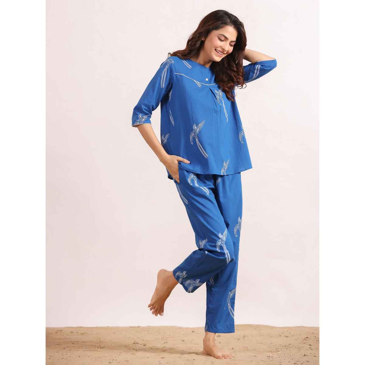 Sanskrutihomes Women Round Neck Printed Pure Cotton Blue Night Suit SE-NSP-501 | M