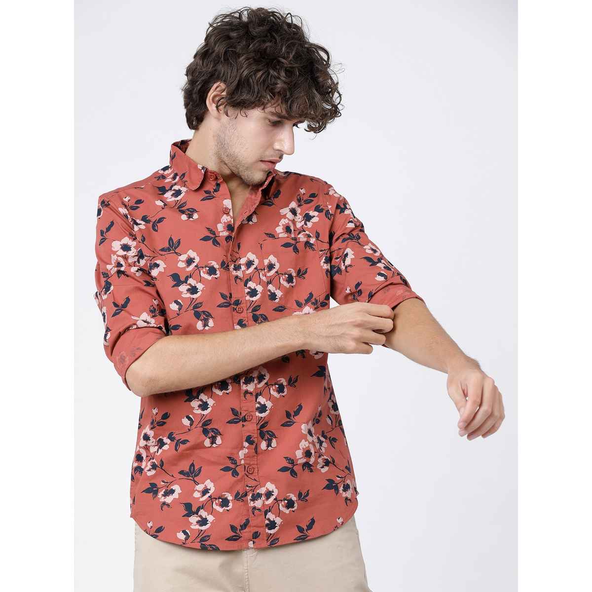 Highlander Men's Slim Fit Floral Printed Casual Shirt - Rust and Black | L
